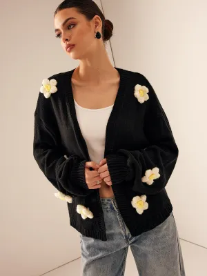 3D Embroidered Flower Lantern Sleeve Cardigan