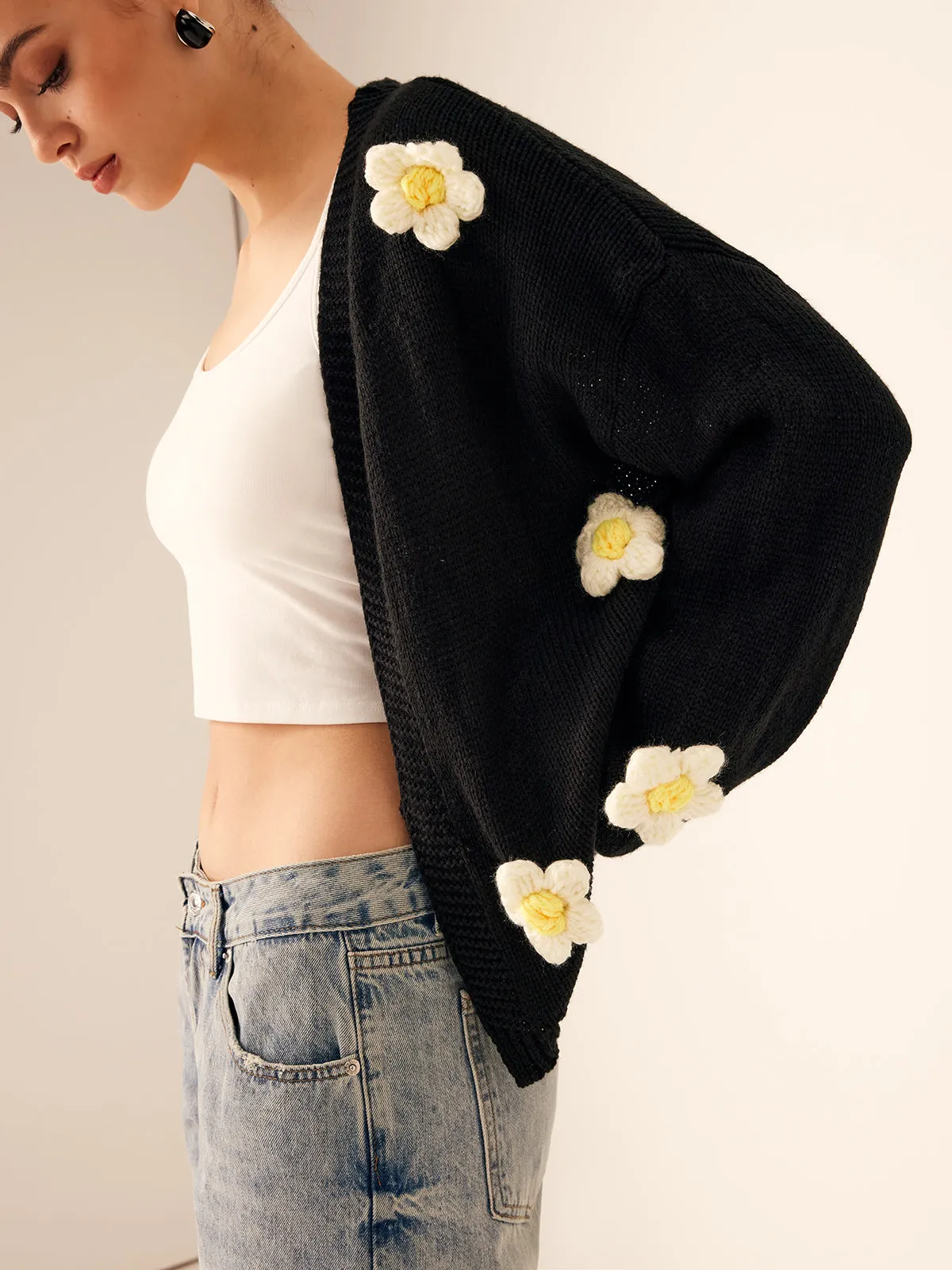 3D Embroidered Flower Lantern Sleeve Cardigan