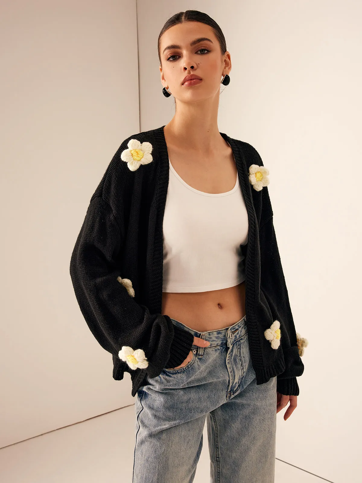 3D Embroidered Flower Lantern Sleeve Cardigan