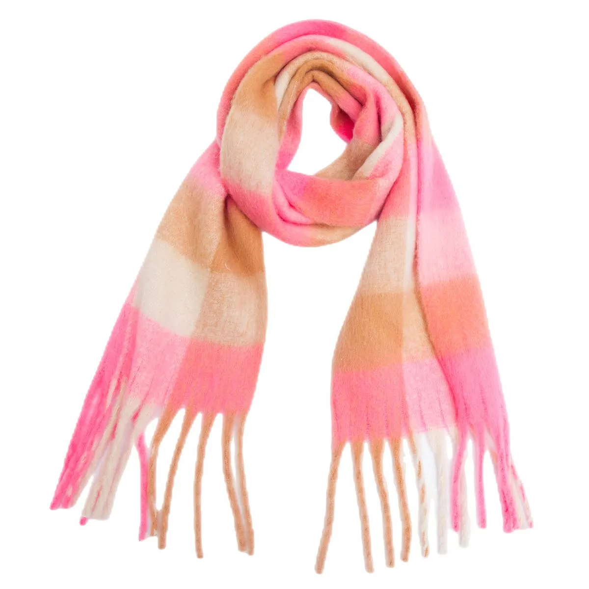 Accity | PLAID PATTERN FRINGE TRIM WINTER SCARF: PINK/YELLOW