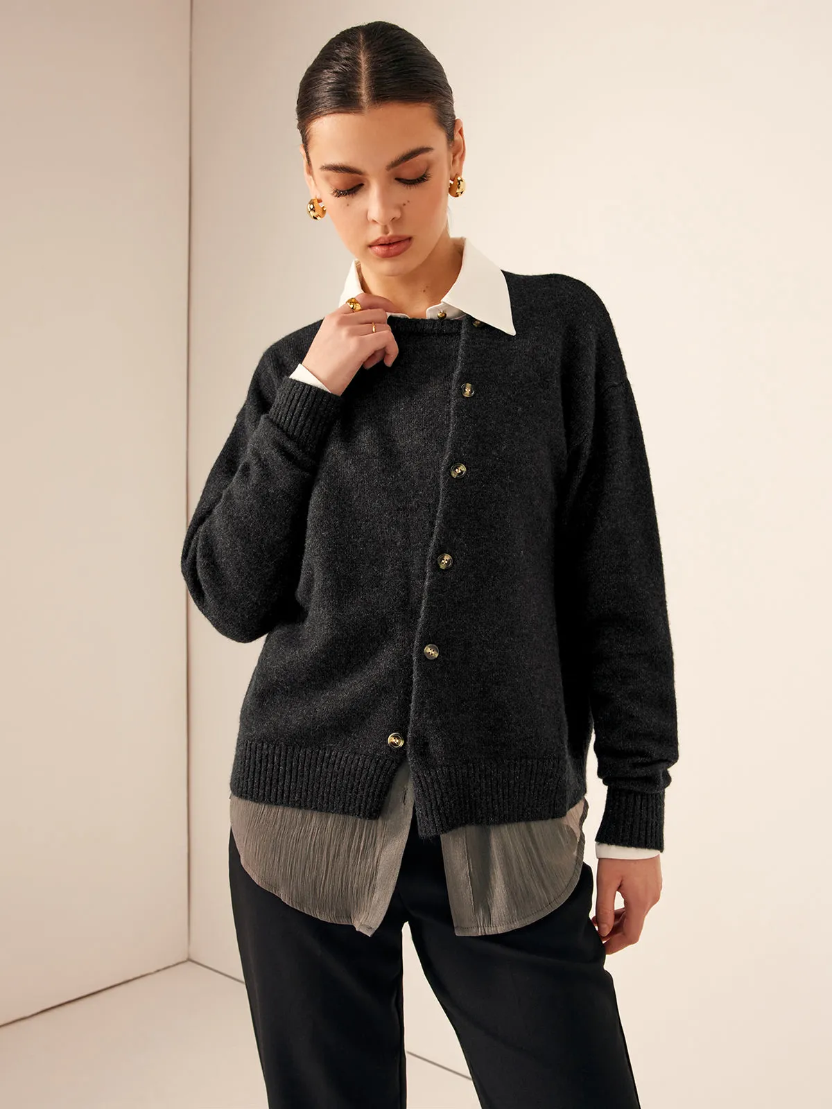 Asymmetrical Button-Down Crew Neck Cardigan