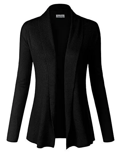 BIADANI Women Classic Soft Long Sleeve Ribbed Collar Open Front Cardigan Sweater Black, Large