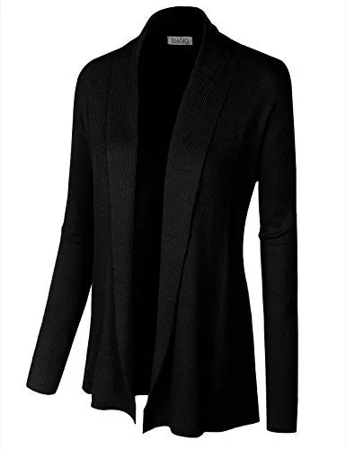 BIADANI Women Classic Soft Long Sleeve Ribbed Collar Open Front Cardigan Sweater Black, Large