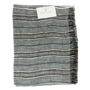 Brunello Cucinelli Linen Scarf White Gray Brown Gold Stripes - Extra Long Women Shawl FINAL SALE