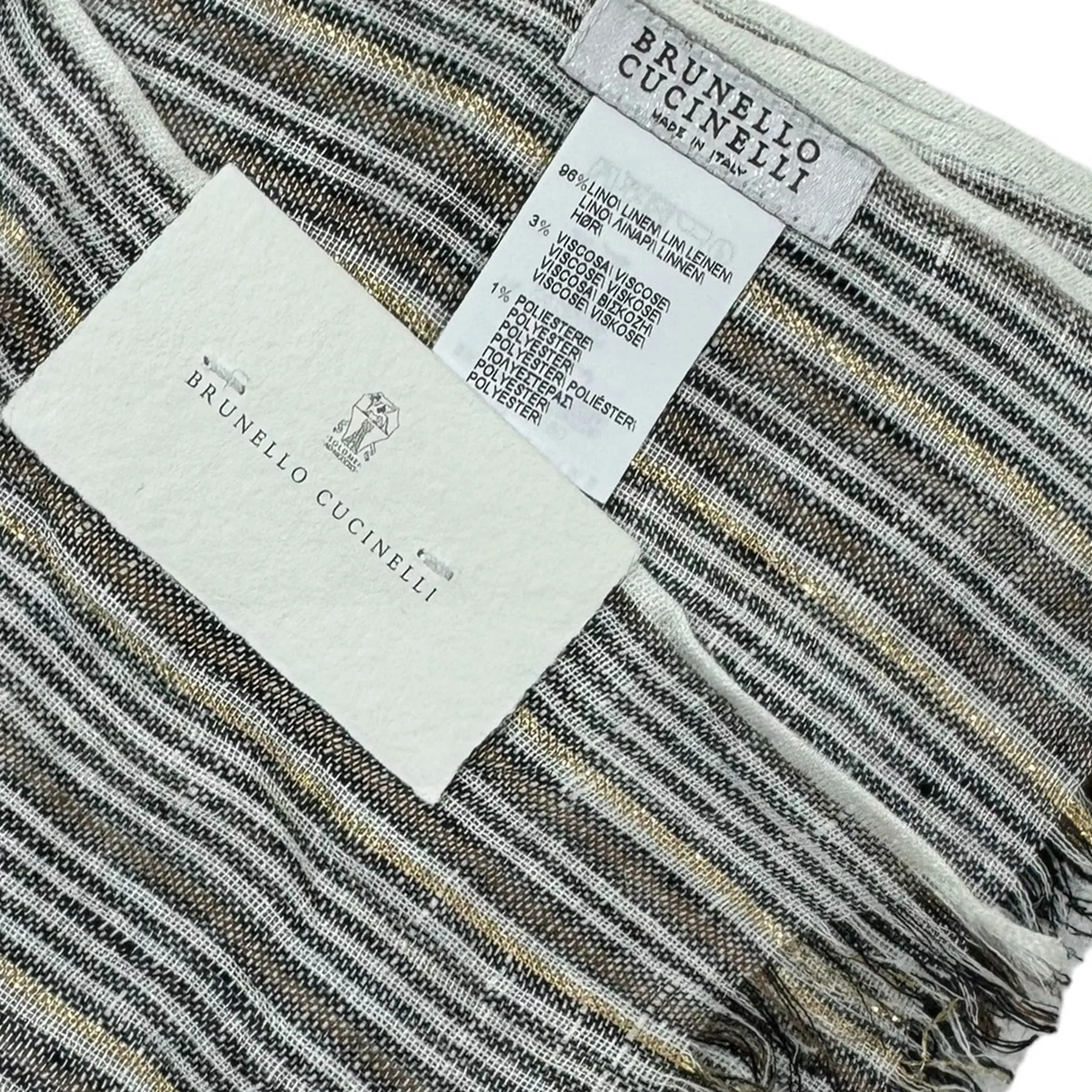 Brunello Cucinelli Linen Scarf White Gray Brown Gold Stripes - Extra Long Women Shawl FINAL SALE