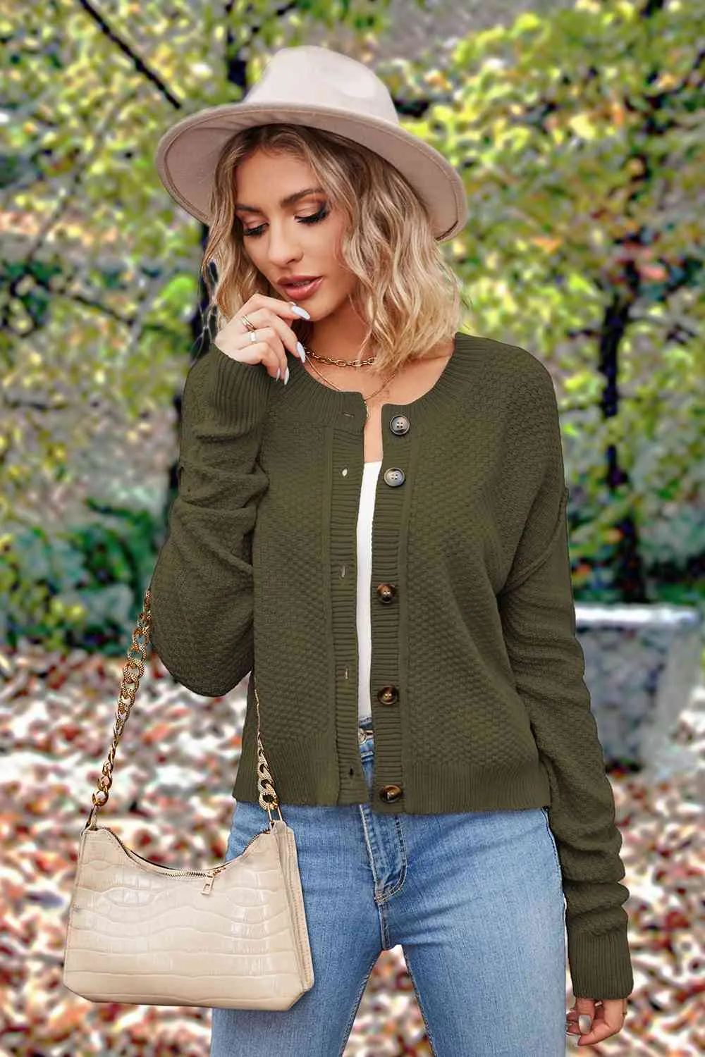 Button Up Round Neck Drop Shoulder Cardigan