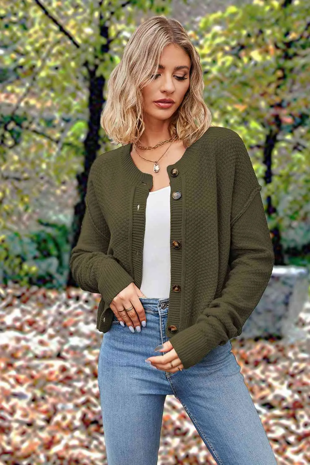 Button Up Round Neck Drop Shoulder Cardigan