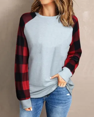 Check Print Contrast Panel Crew Neck Loose Long Sleeve T-Shirt