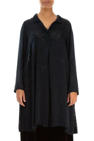 Collar Neck Midnight Blue Devoré Feather Silk Tunic