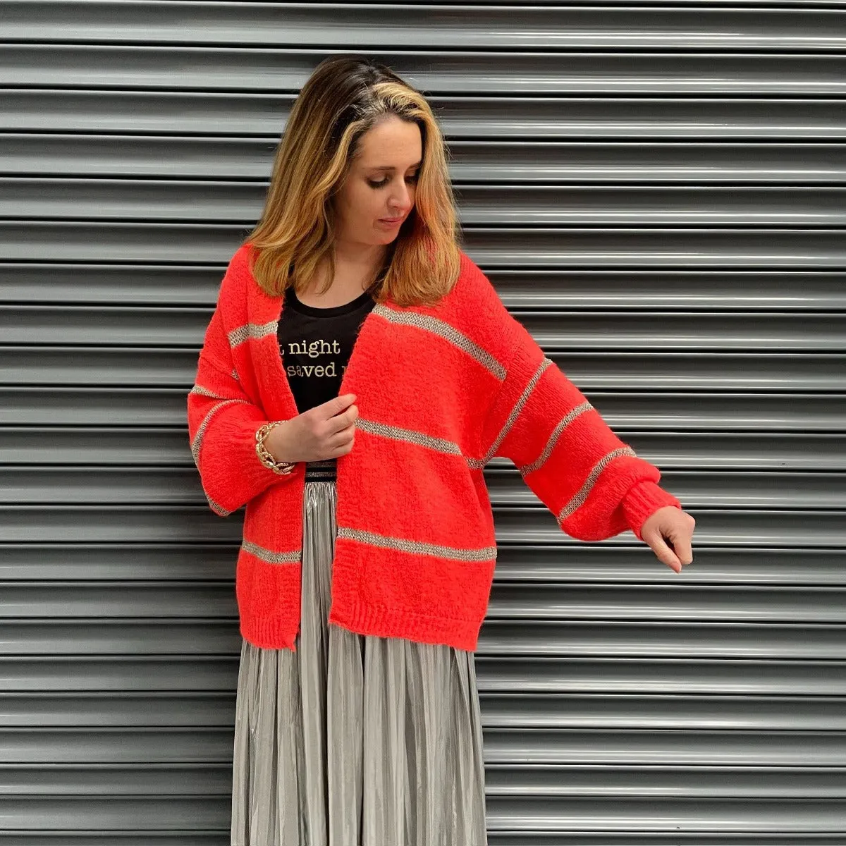 Coral Disco Cardigan With Metallic Stripe - ONE SIZE