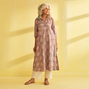 Cotton Long Kurta for Women | Ikat Print | Light Brown & White