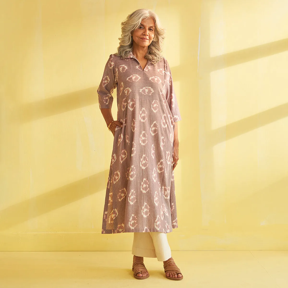 Cotton Long Kurta for Women | Ikat Print | Light Brown & White