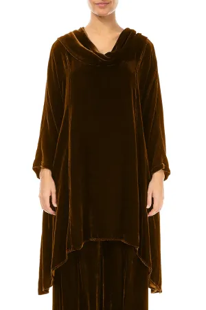 Cowl Neck Asymmetric Golden Olive Silk Velvet Tunic