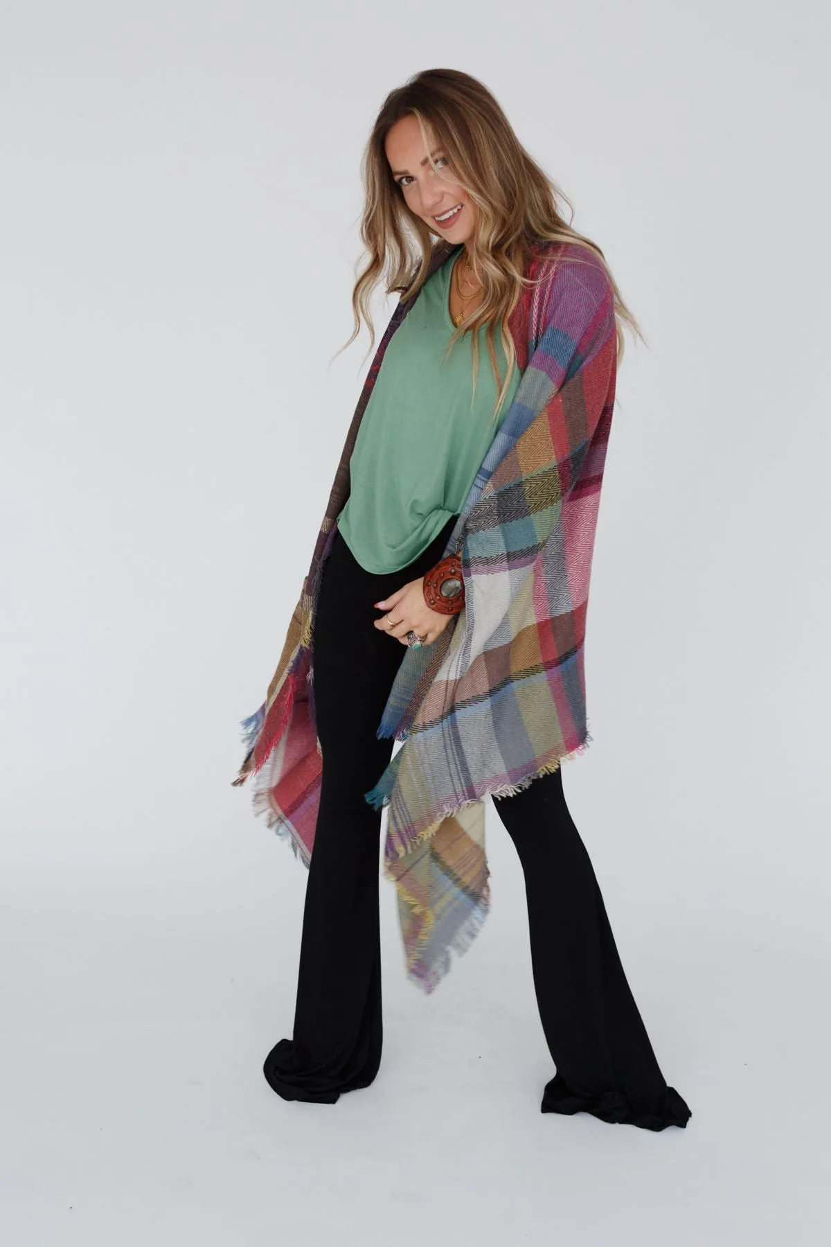 Cozy Plaid Pocket Ruana Wrap - Fuchsia