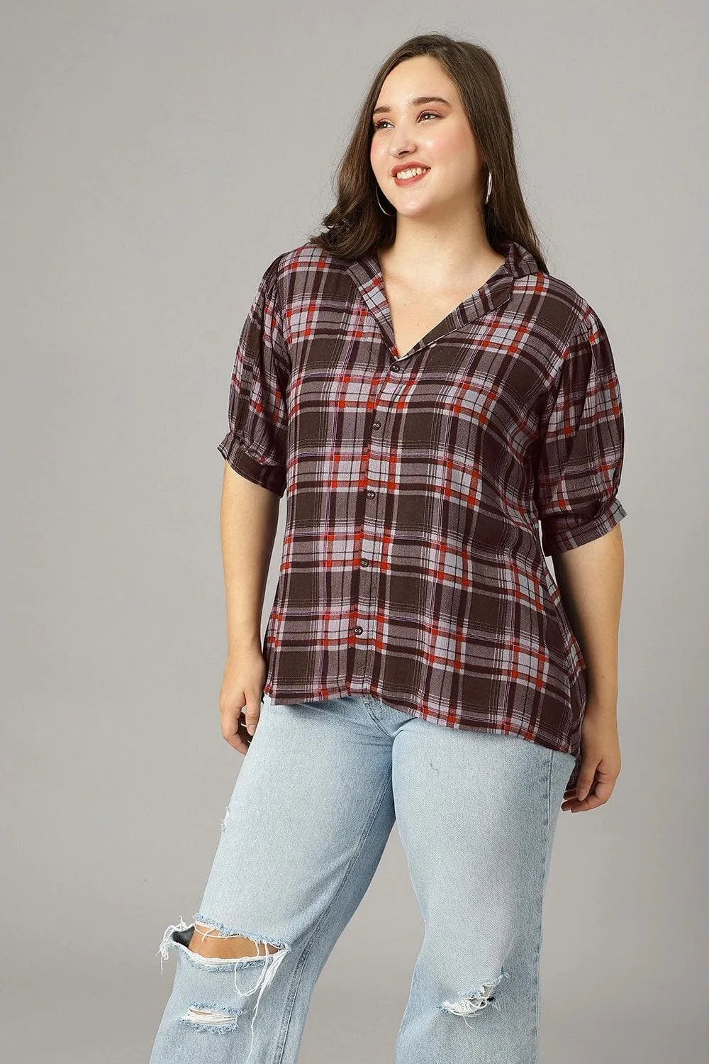 Curvy Lane Women Plus Size Notch Collar Checks Printed Short Top