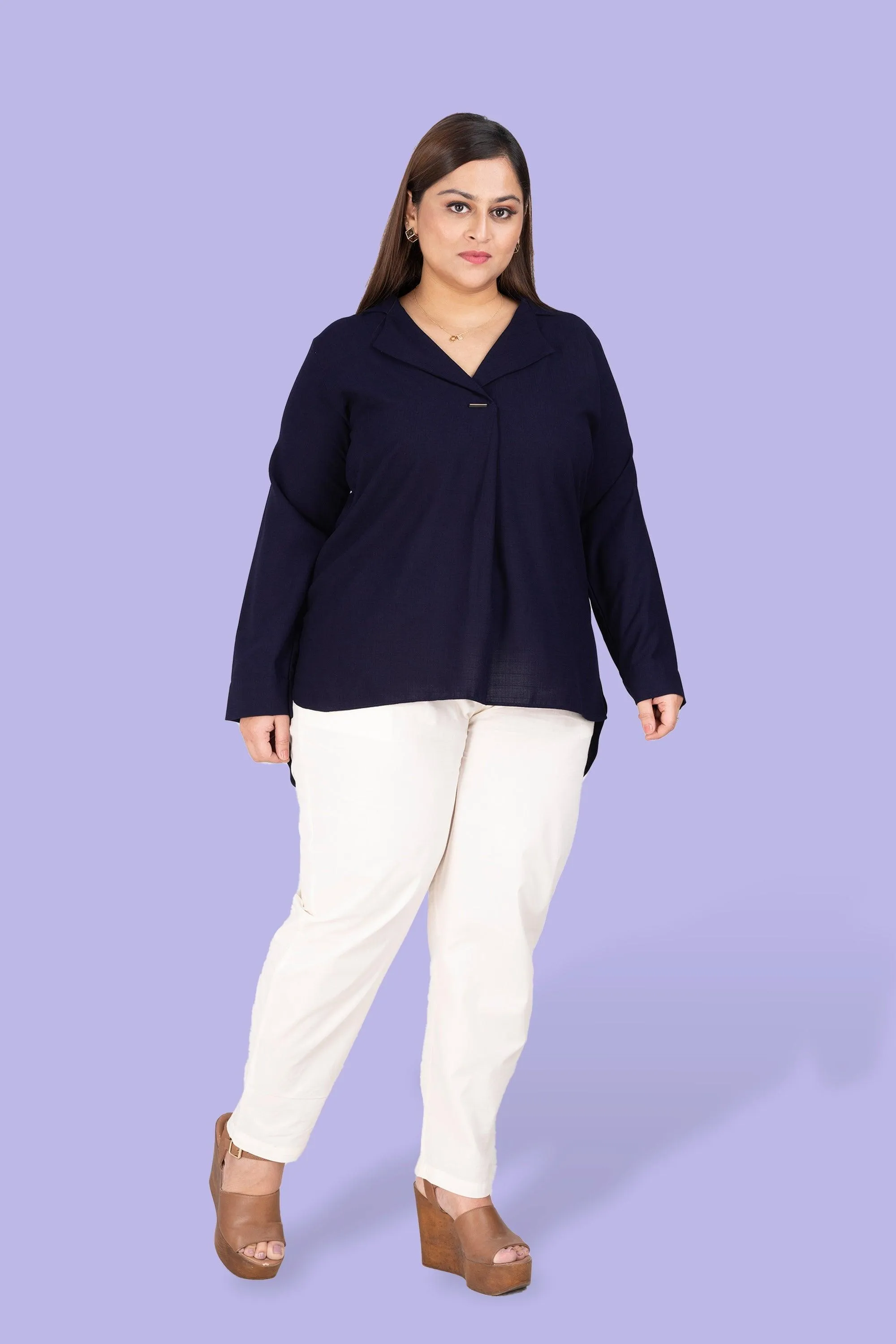 Curvy Lane Women Plus Size Notch Collar High Low Top