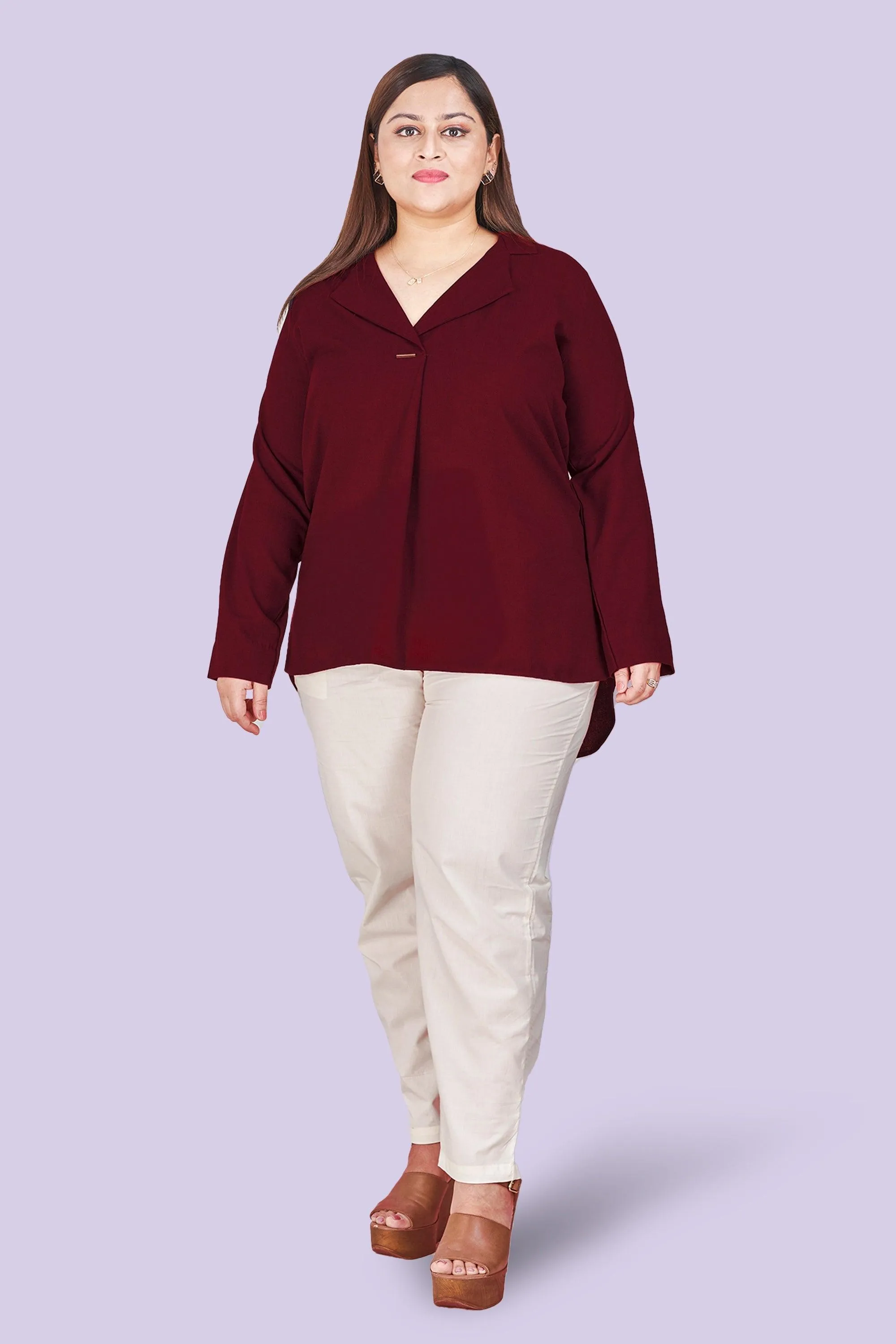 Curvy Lane Women Plus Size Notch Collar High Low Top