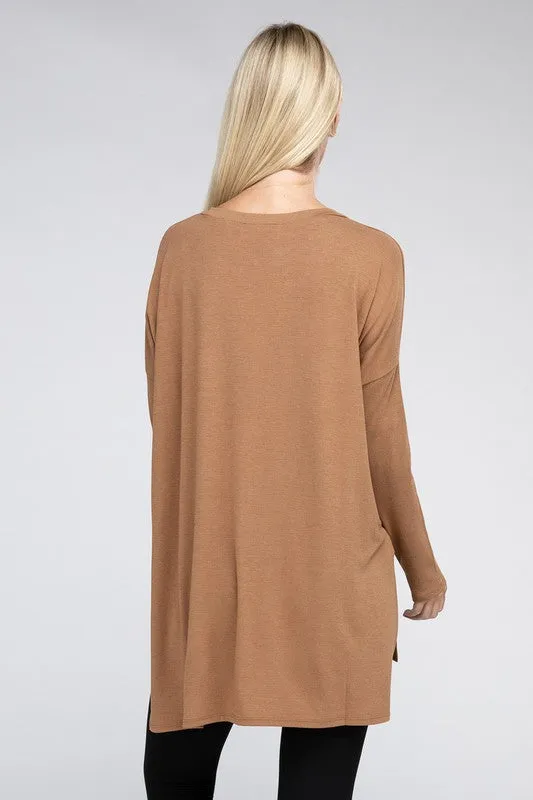 Dolman Long Sleeve V-Neck Side Slit Hi-Low Hem Top