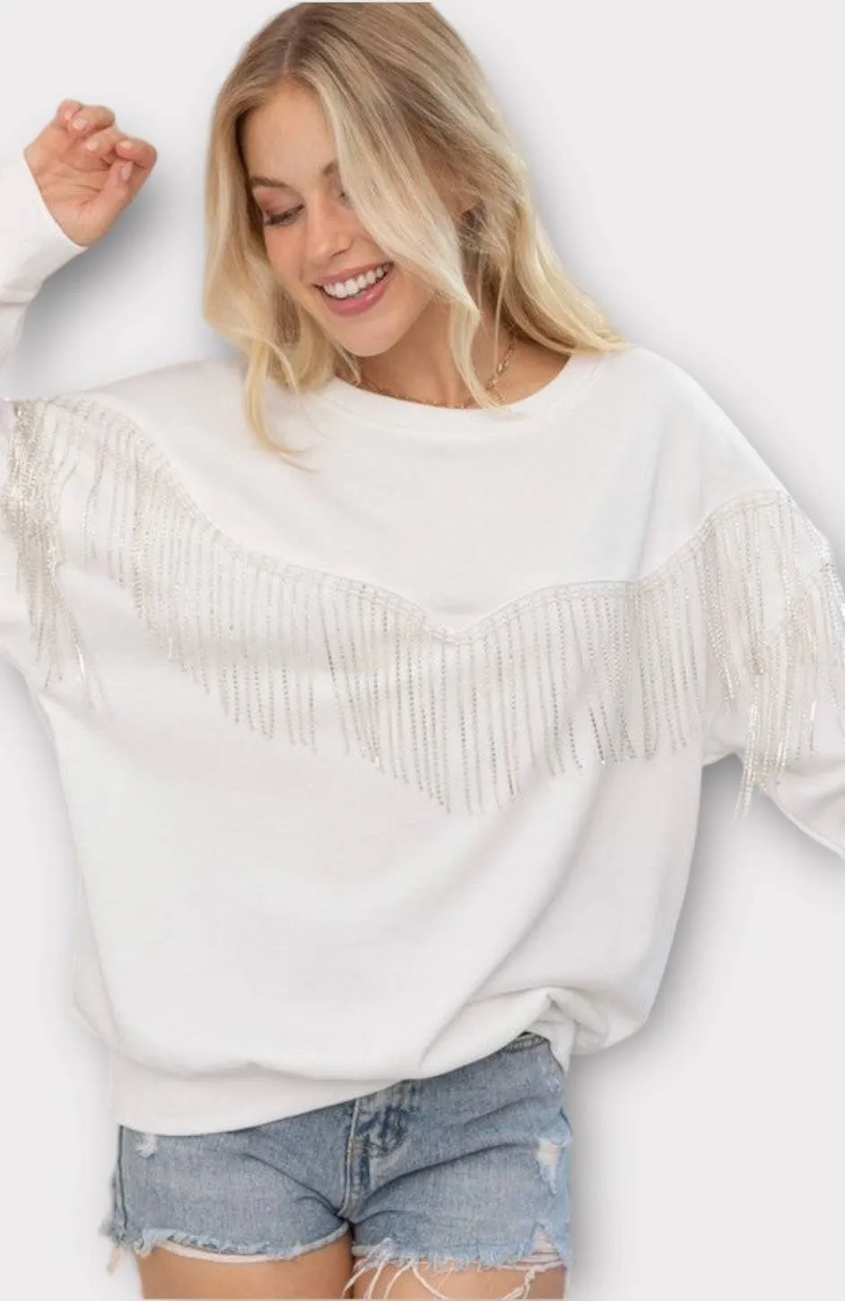 Embellished rhinestone fringe oversized top