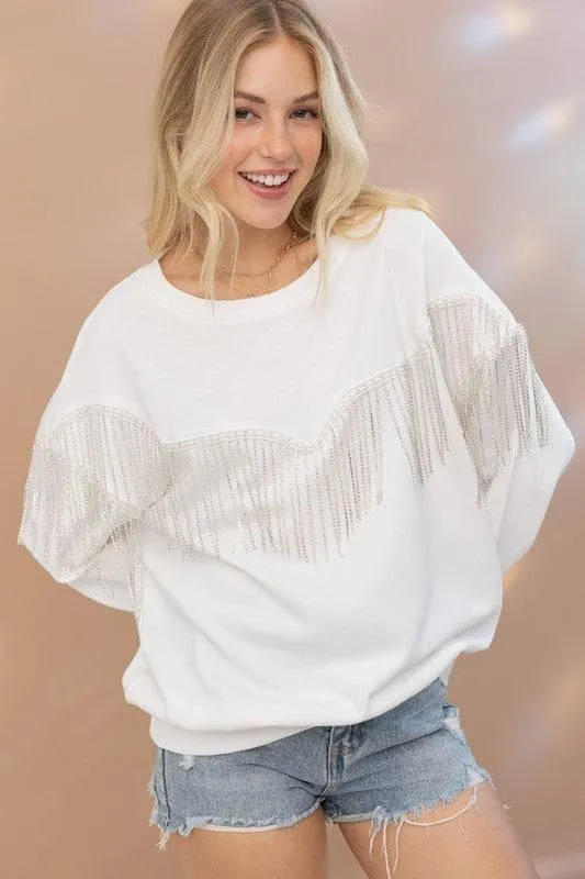 Embellished rhinestone fringe oversized top