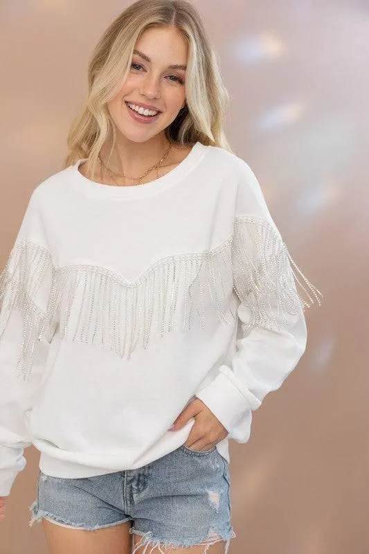 Embellished rhinestone fringe oversized top