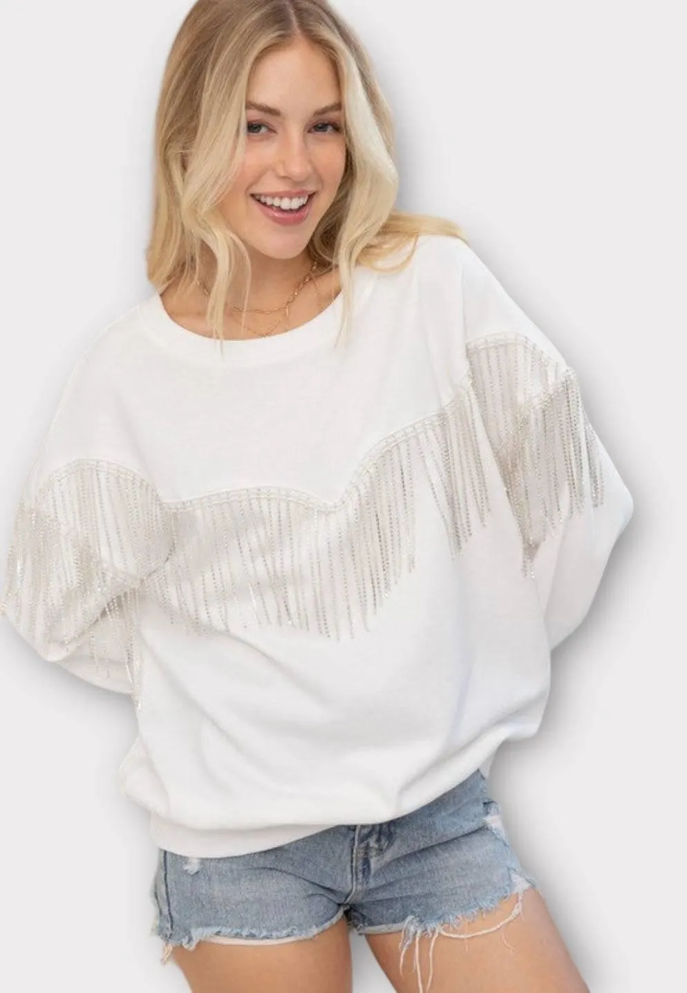 Embellished rhinestone fringe oversized top