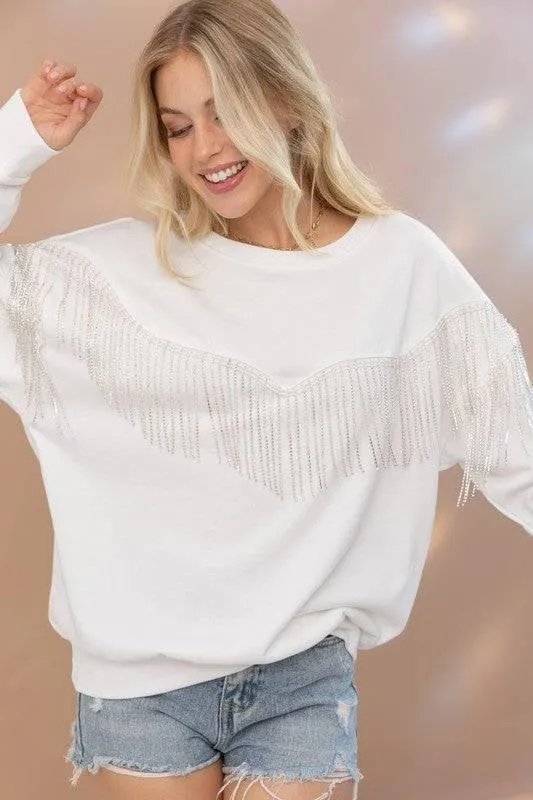 Embellished rhinestone fringe oversized top