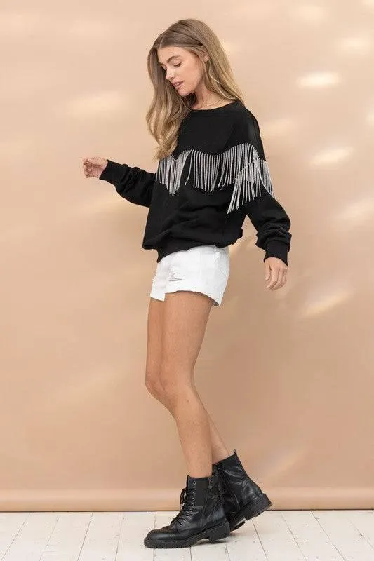 Embellished rhinestone fringe oversized top