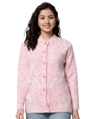 eWools Women's Wool Round Neck Cardigan (L, Pink)