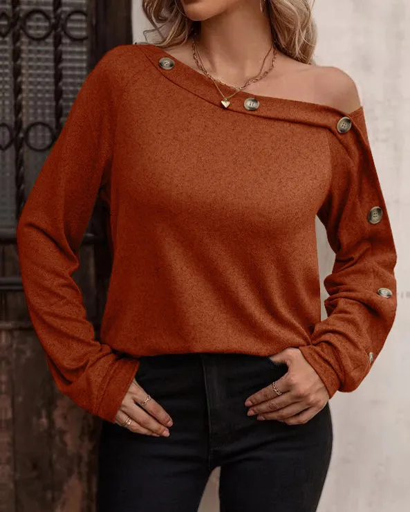 Fashion Button Off Shoulder Long Sleeve T-Shirt