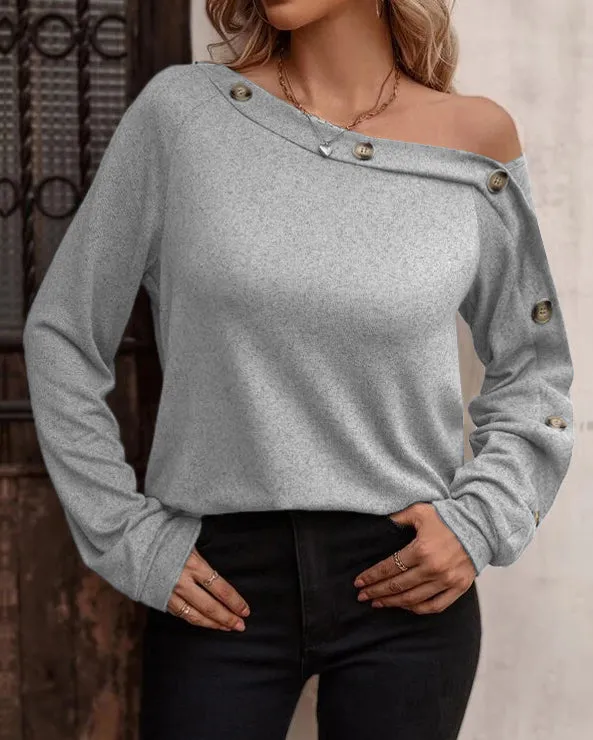 Fashion Button Off Shoulder Long Sleeve T-Shirt