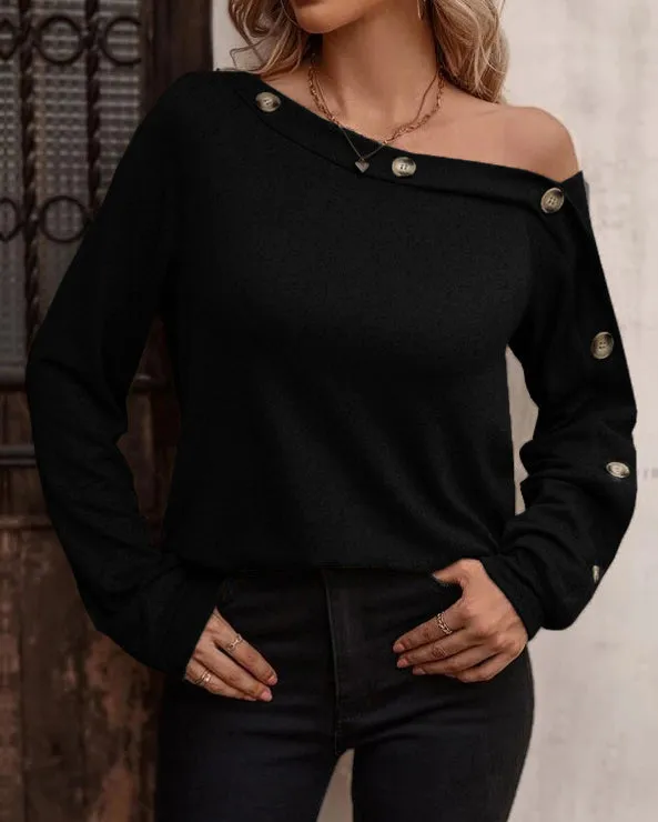 Fashion Button Off Shoulder Long Sleeve T-Shirt