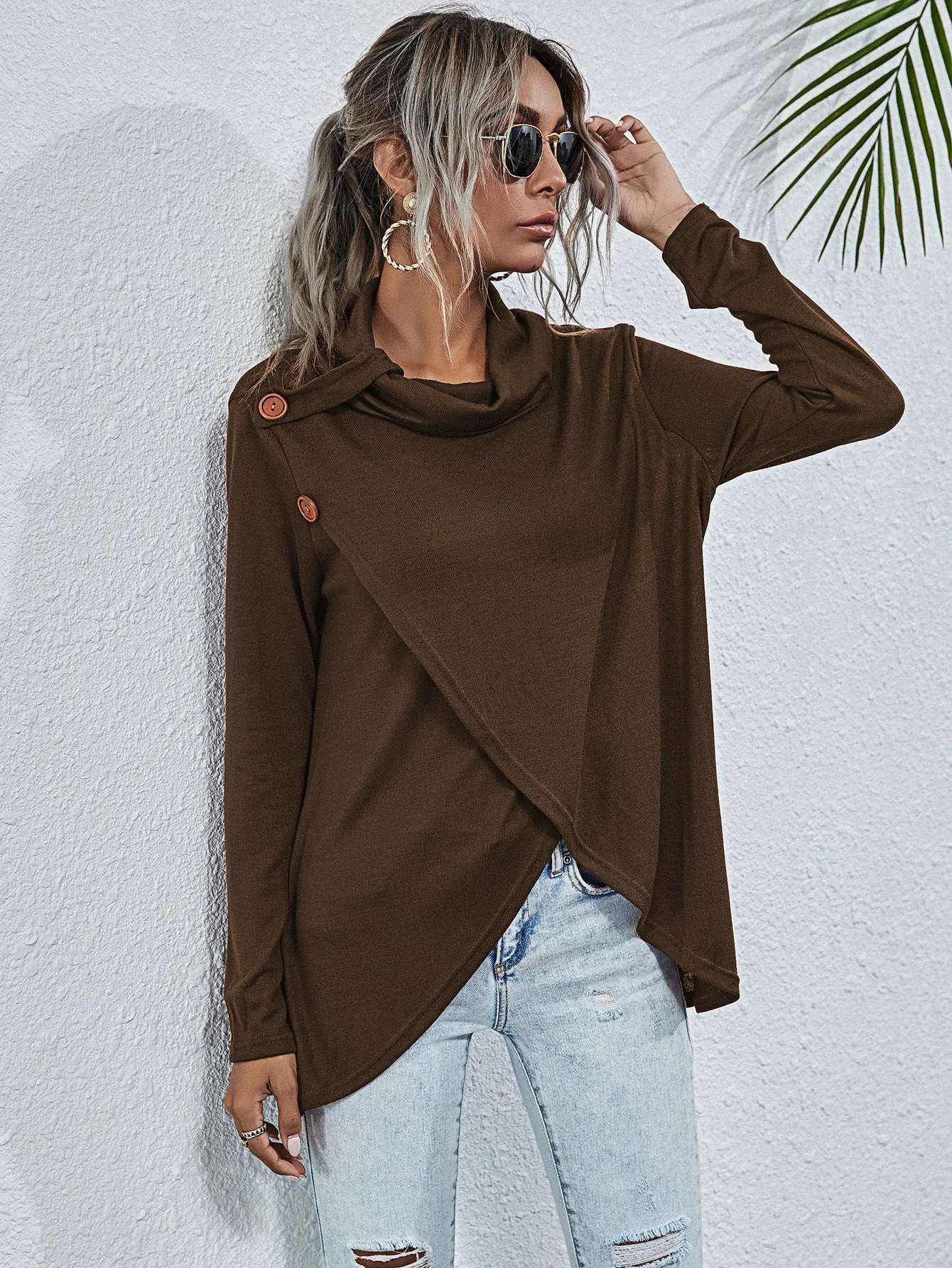 Fashion casual all-match button irregular knitted sweater top