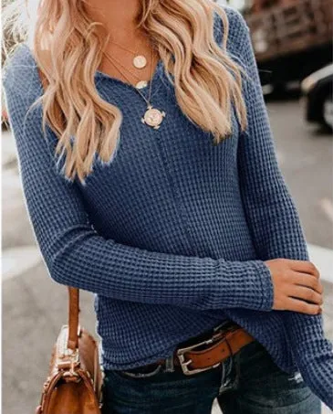 Fashion casual all-match solid color V-neck long-sleeved slim top