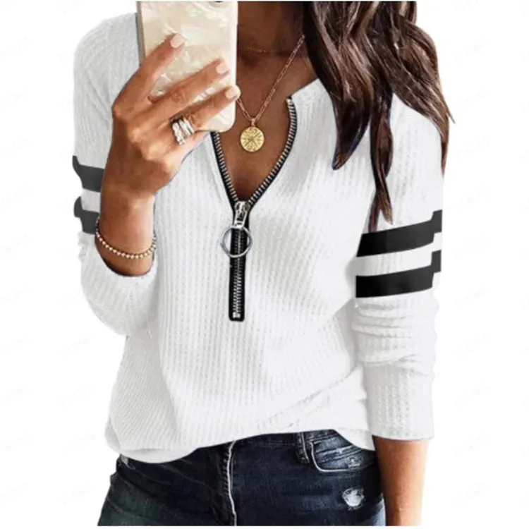 Fashion casual contrast color zipper V-neck knitted long-sleeved top