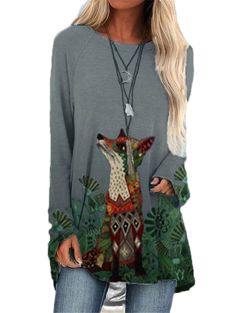 Fashion casual fox print long sleeve round neck loose pullover