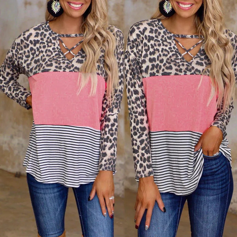 Fashion casual print hit leopard print stitching long sleeve V-neck casual T-shirt