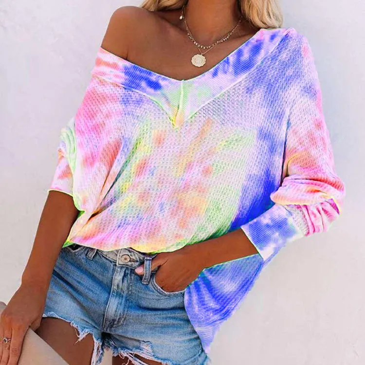 Fashion casual spring and summer stitching tie-dye colorful long-sleeved top