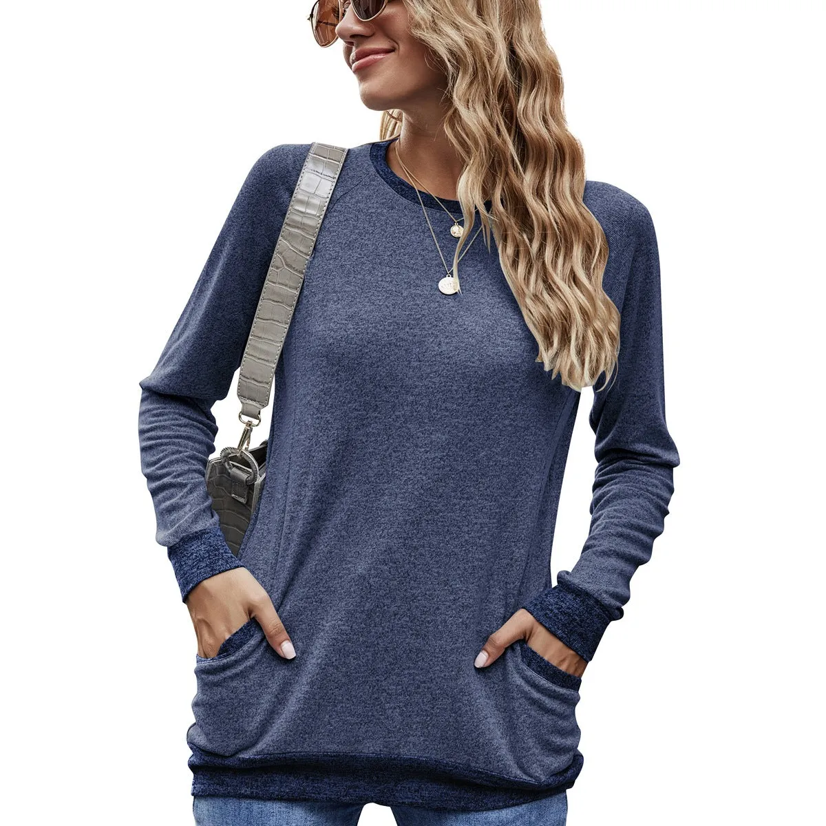 Fashion Contrast Pocket Sweater Long Sleeve Pullover Sweatshirt Casual T-shirt