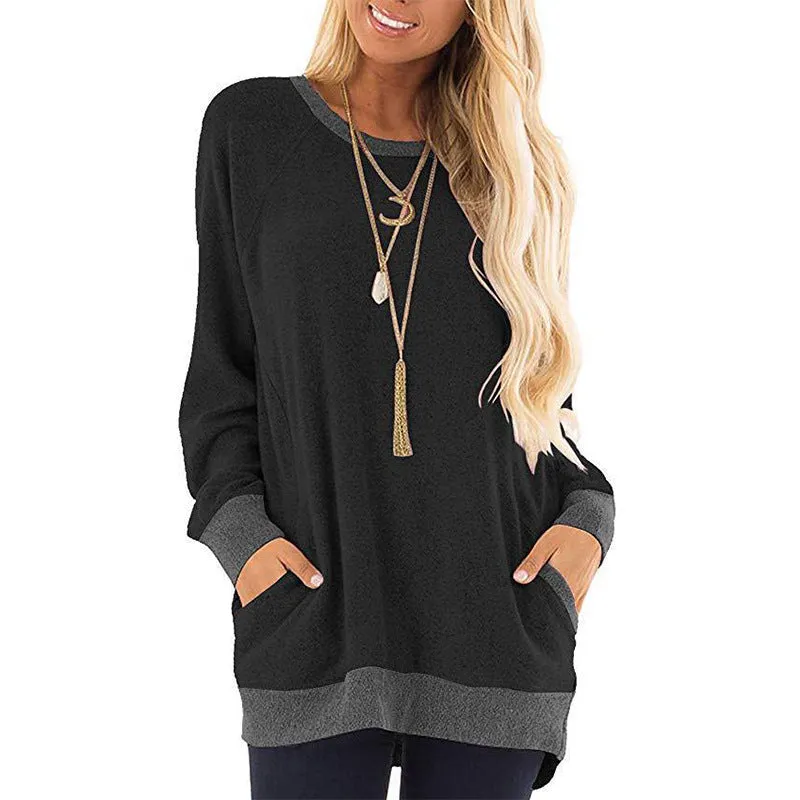 Fashion Contrast Pocket Sweater Long Sleeve Pullover Sweatshirt Casual T-shirt