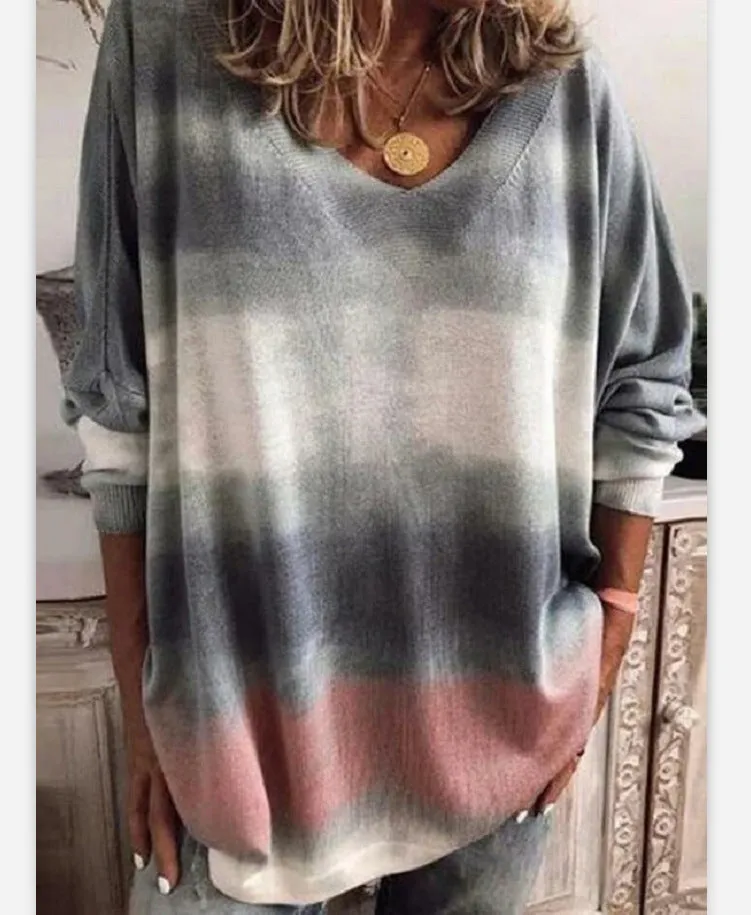 Fashion gradient tie-dye printing v-neck long-sleeved T-shirt top