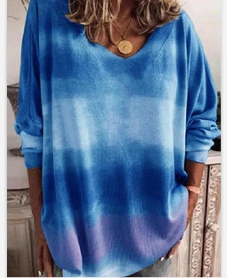 Fashion gradient tie-dye printing v-neck long-sleeved T-shirt top