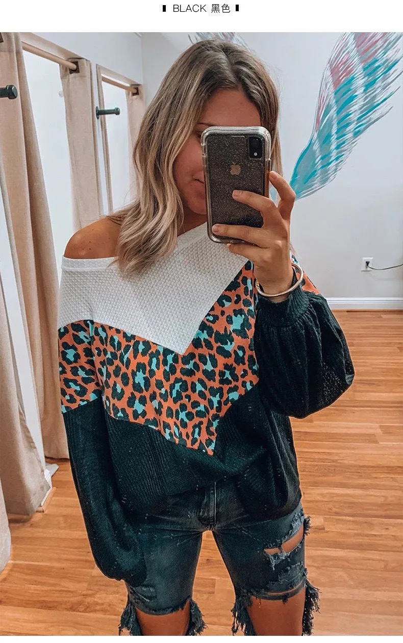 Fashion leopard print contrast color stitching round neck loose sweater women