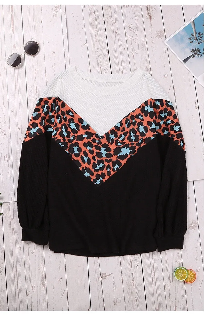 Fashion leopard print contrast color stitching round neck loose sweater women