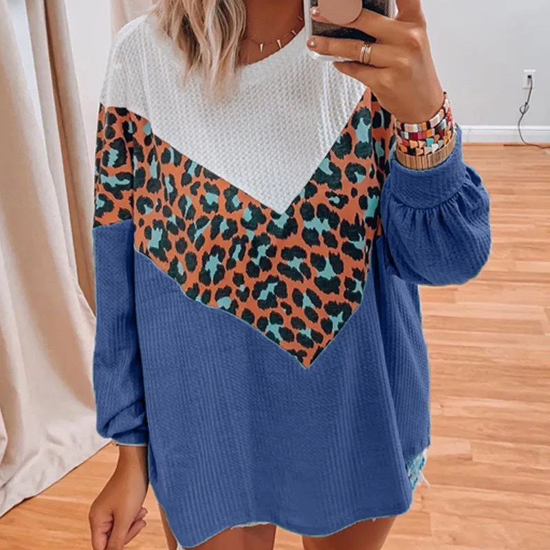 Fashion leopard print contrast color stitching round neck loose sweater women