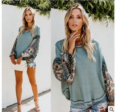 Fashion printed stitching knitted long-sleeved round neck top