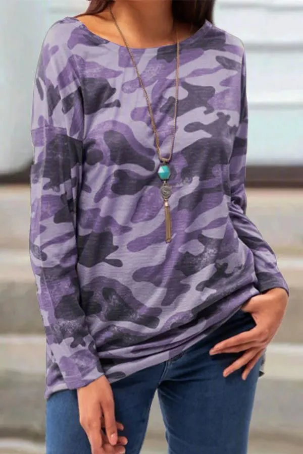 Fashion round neck casual camouflage print long sleeve T-shirt