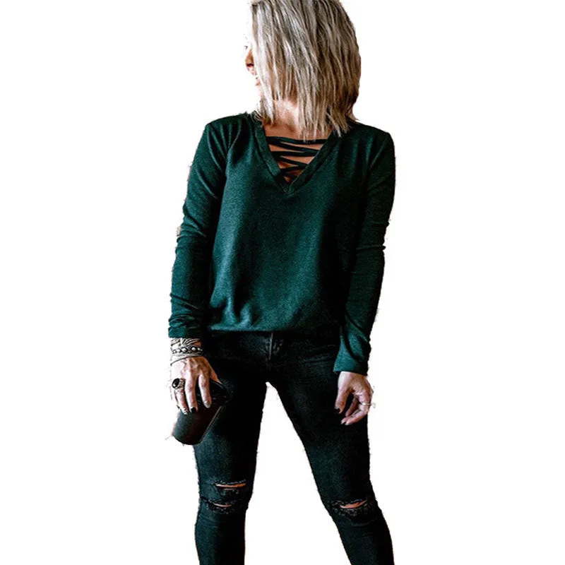 Fashion simple knitted stitching cross V-neck long sleeve T-shirt