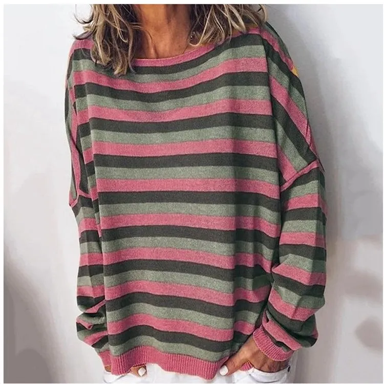 Fashion striped round neck long sleeve loose women's sweater