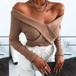 Fashion three-dimensional ribbed cross long-sleeved top sexy slim top